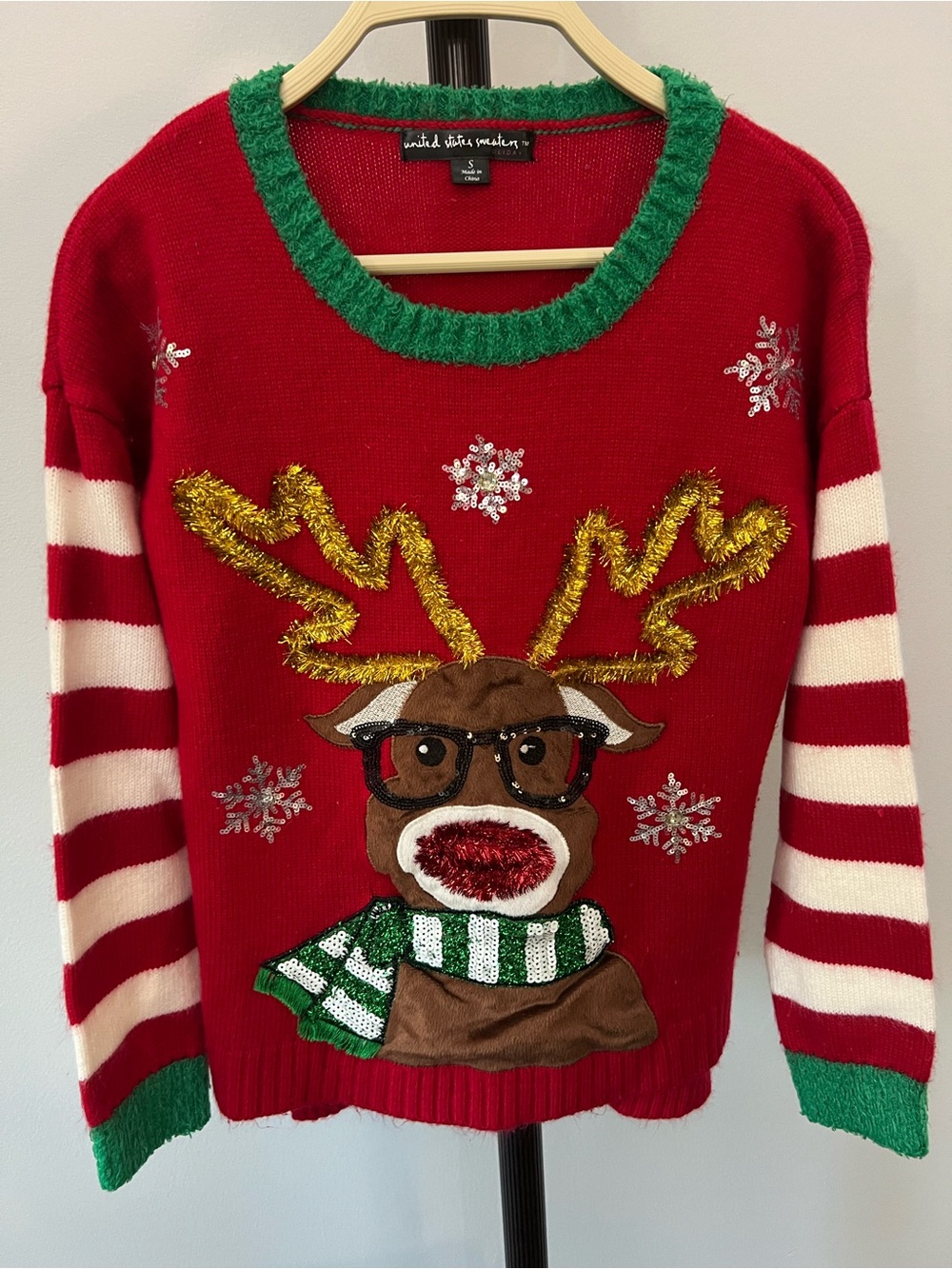 Festive Red Reindeer Holiday Ugly Sweater with Green Trim